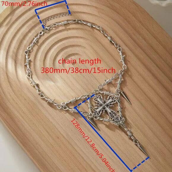 Gothic Goth Emo Punk Silver Barbed Wire Cross Choker Necklace Pendant - Picture 3 of 4